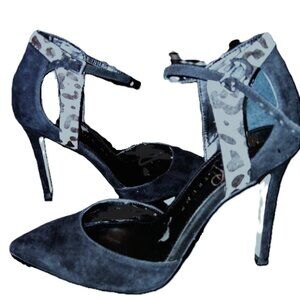 Ivanka Trump Black Suede Leather Stiletto Heels White Leopard Print